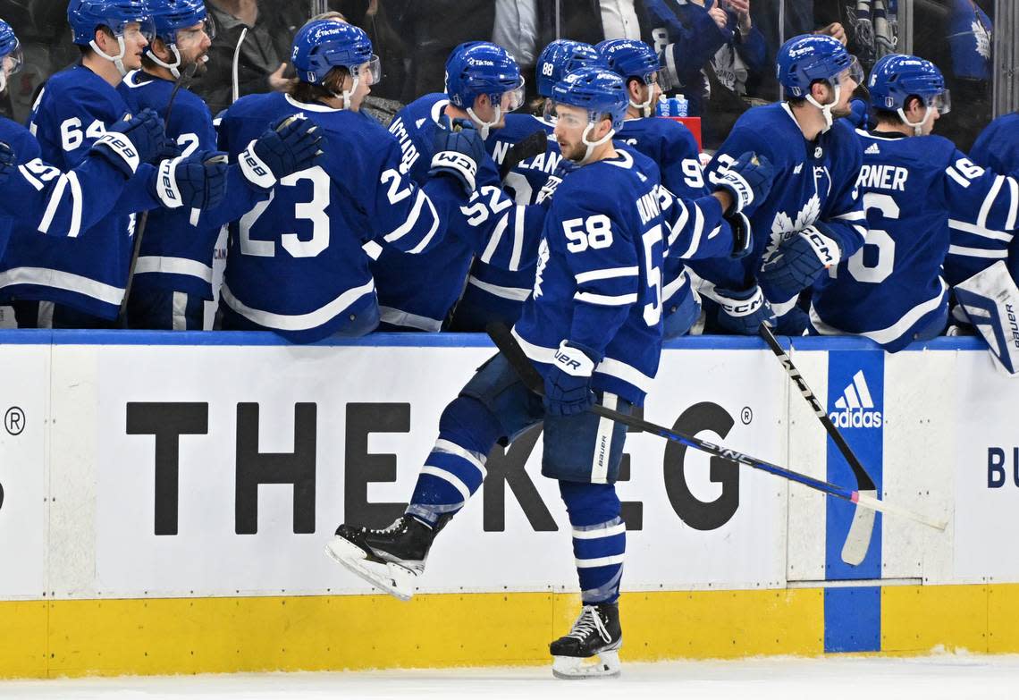 Toronto Maple Leafs forward Michael Bunting (58) celebrates with teammates at the bench after scoring a goal against the Florida Panthers in the second period in game one of the second round of the 2023 Stanley Cup Playoffs at Scotiabank Arena.