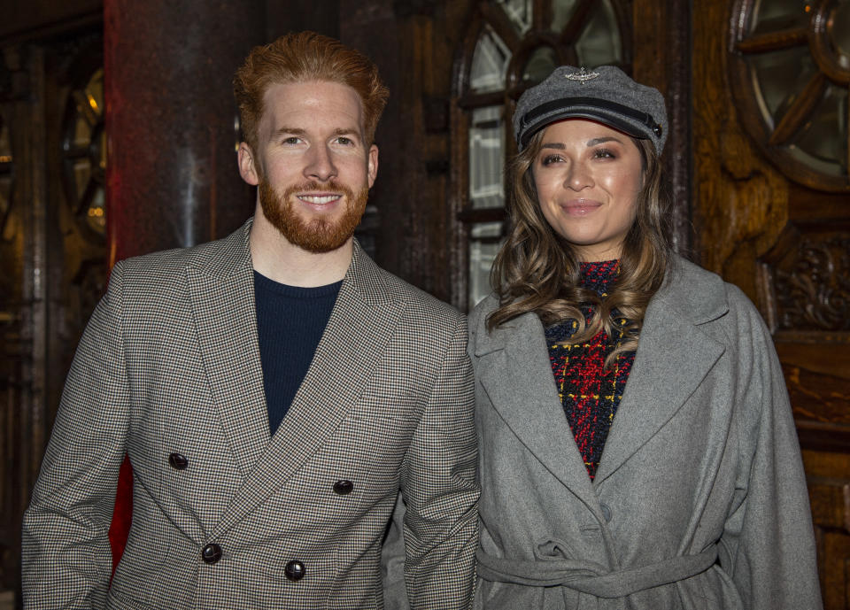 Neil and Katya Jones are seen attending the opening night of ‘Notre Dame de Paris’ at the London Coliseum in London. (Photo by Gary Mitchell/SOPA Images/LightRocket via Getty Images)