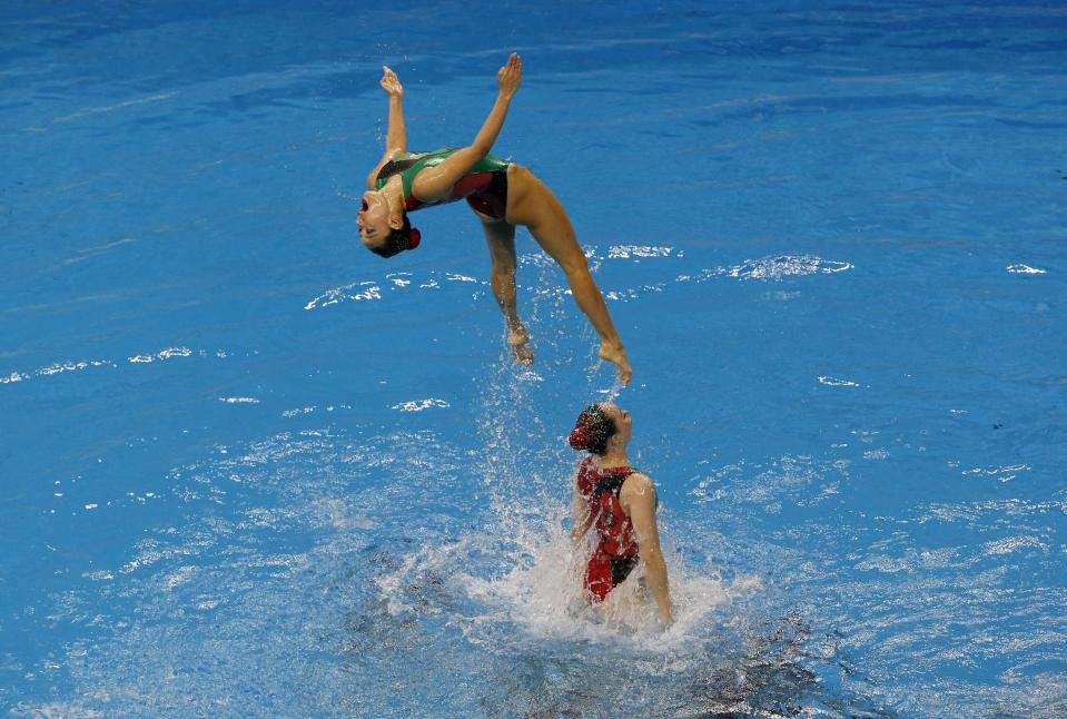 Japan's team performs in the Teams Free Combination synchronised swimming final at Munhak Park Tae-hwan Aquatics Center during the 17th Asian Games in Incheon