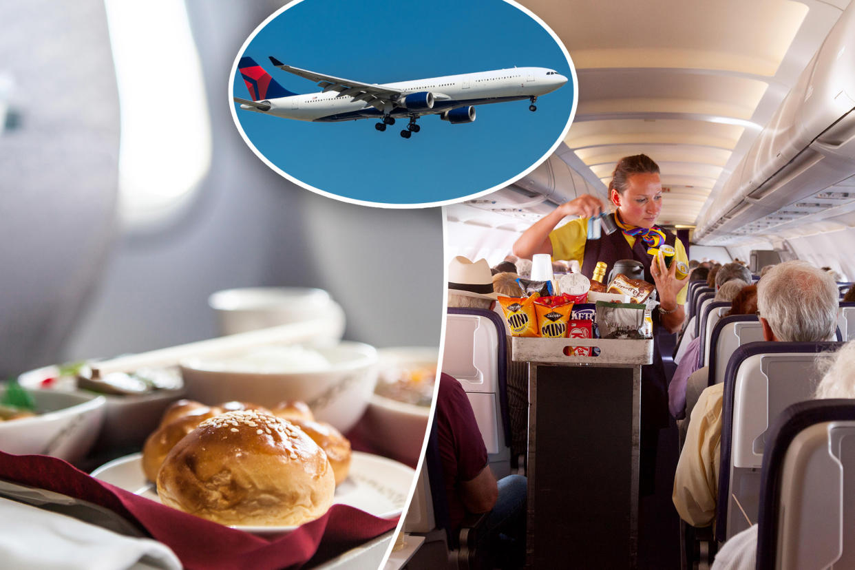 EP0ET1 A flight attendant member of the cabin crew serving food on a Monarch Airlines airplane from Madeira to Gatwick airport, UK