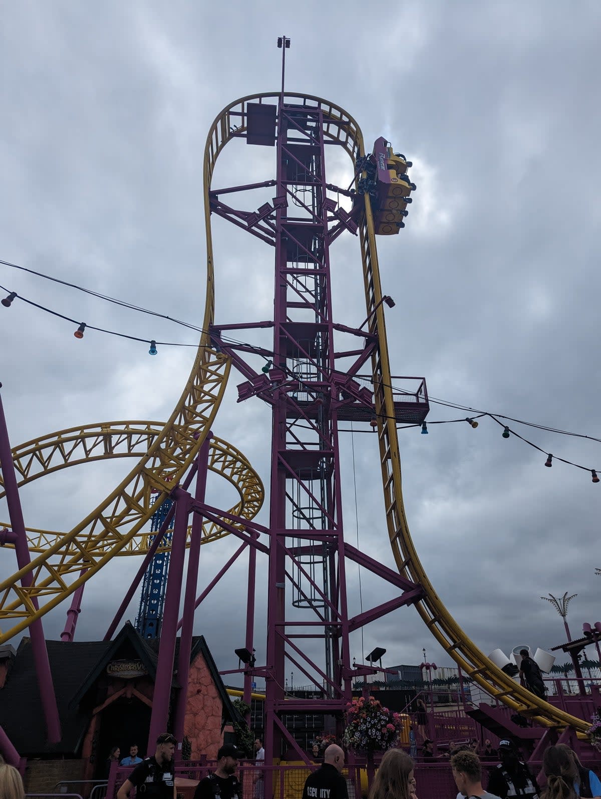 A 72-foot high rollercoaster broke down leaving its riders suspended vertically in the air for up to 40 minutes in Essex on Friday (SWNS)
