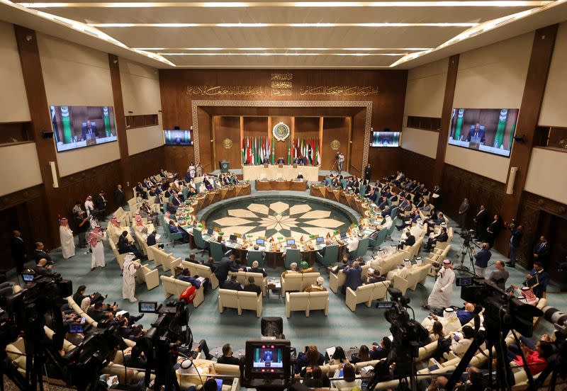 A general view shows Arab foreign ministers at the Arab League Headquarters in Cairo