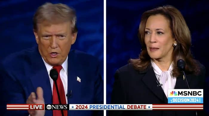 Donald Trump and Kamala Harris at the 2024 Presidential Debate, with MSNBC and ABC News logos visible