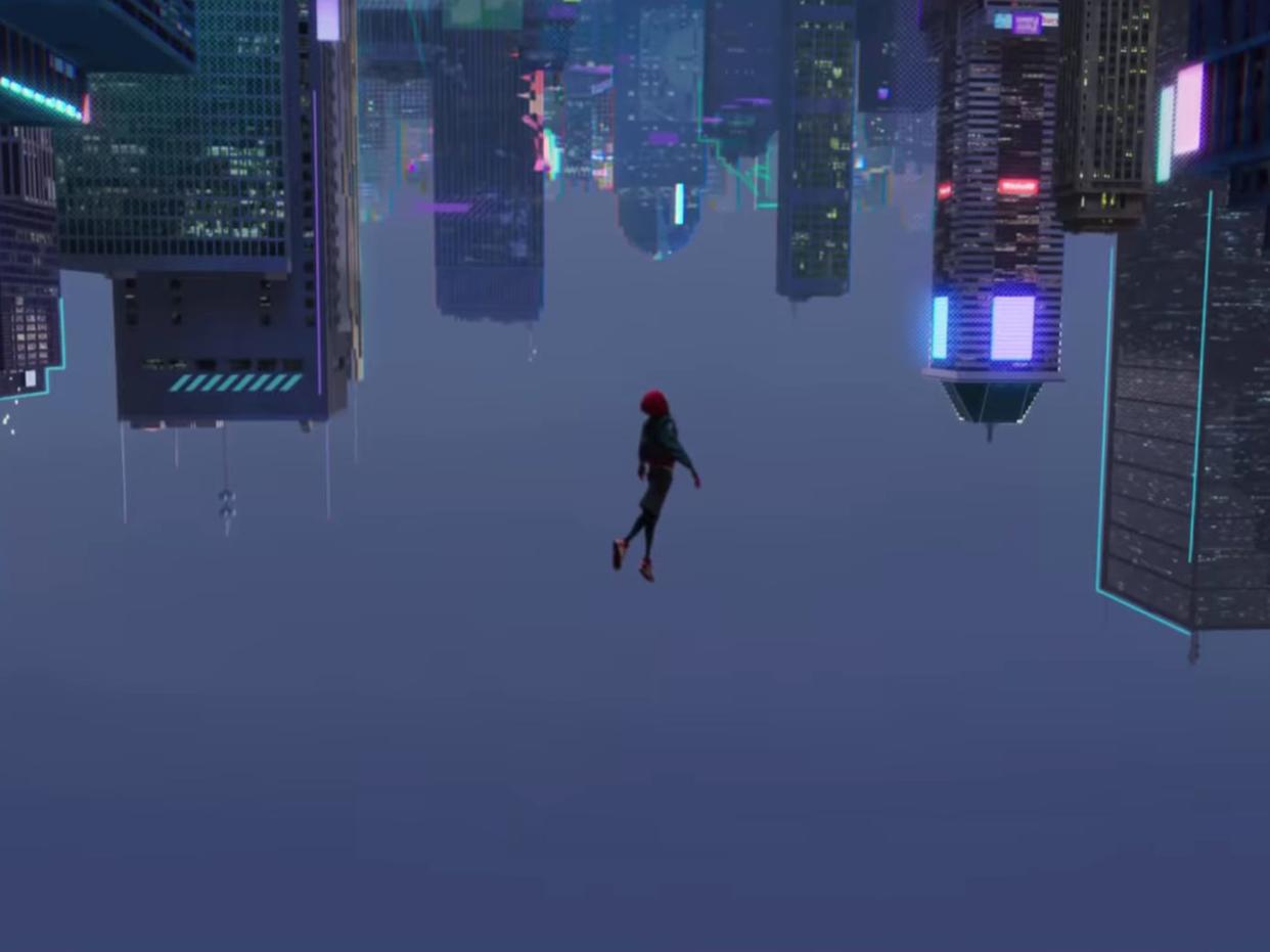 Miles Morales leaping Spider Man Into the Spider Verse