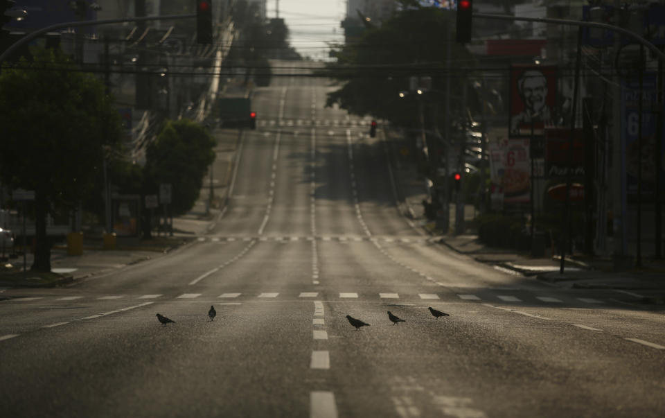 Doves stand on an empty street devoid of traffic during a day of total curfew imposed by the Panamanian government to confront the spread of the new coronavirus in Panama City, early Sunday, April 5, 2020. (AP Photo/Arnulfo Franco)