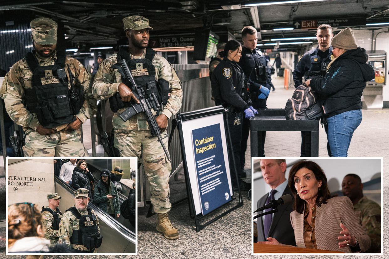 Gov. Kathy Hochul (bottom right) defended the deployment of 750 National Guard troops in New York City's subway system (center), saying their presence would help deter crime and calm commuters' anxiety around the issue of public safety