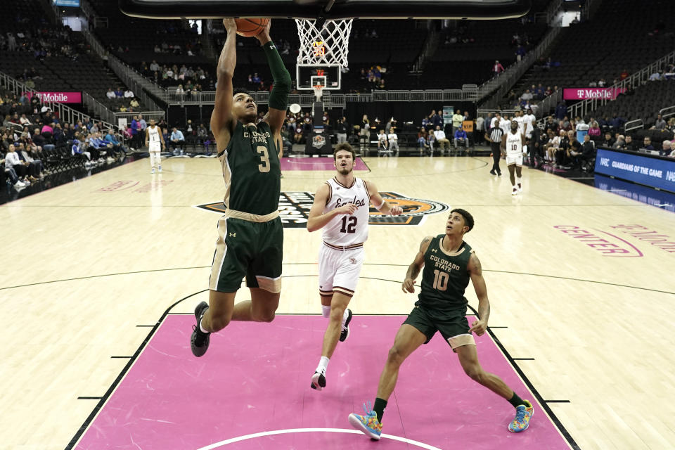 Colorado State guard Josiah Strong (3) puts up a shot during the second half of an NCAA college basketball game against Boston College Wednesday, Nov. 22, 2023, in Kansas City, Mo. Colorado State won 86-74. (AP Photo/Charlie Riedel)