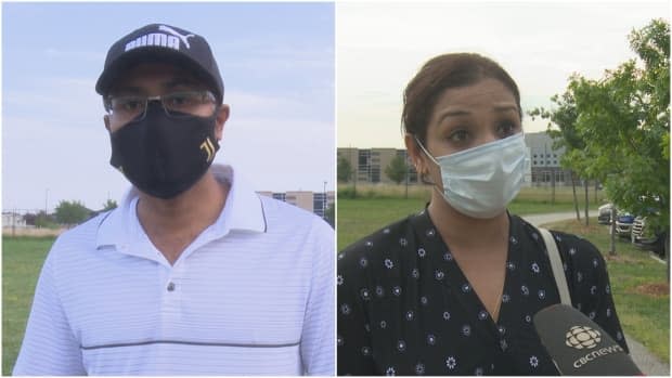 Sandipan Haldar, left, and Ropa Tharuvai want the most protection for their children, who are younger than 12 and aren't eligible to be vaccinated, as they ride the school bus.  (Jennifer La Grassa/CBC - image credit)
