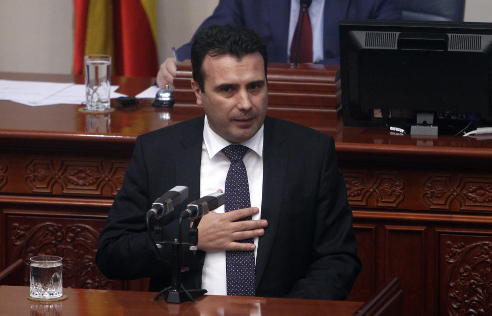 Macedonian Prime Minister Zoran Zaev speaks during a session of the Macedonian Parliament in the capital Skopje, Friday, Jan. 11, 2019. Macedonia has fulfilled its part of a deal that will pave its way to NATO membership and normalize relations with neighboring Greece, after lawmakers approved constitutional changes that will rename the country North Macedonia. (AP Photo/Boris Grdanoski)