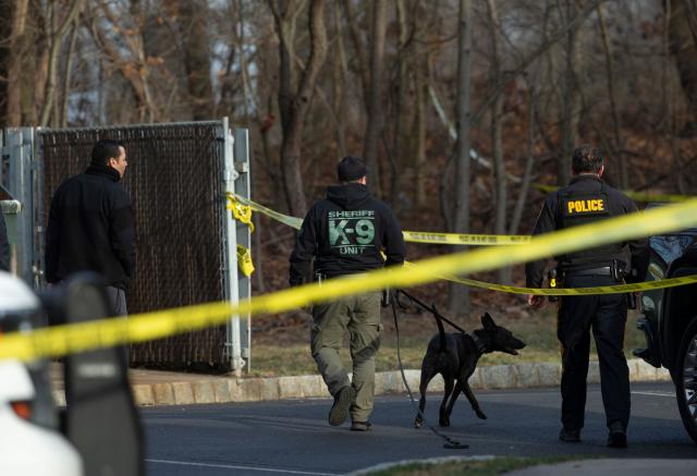 Police look for evidence in a wooded area near where Sayreville Councilwoman Eunice Dwumfour was shot and killed.