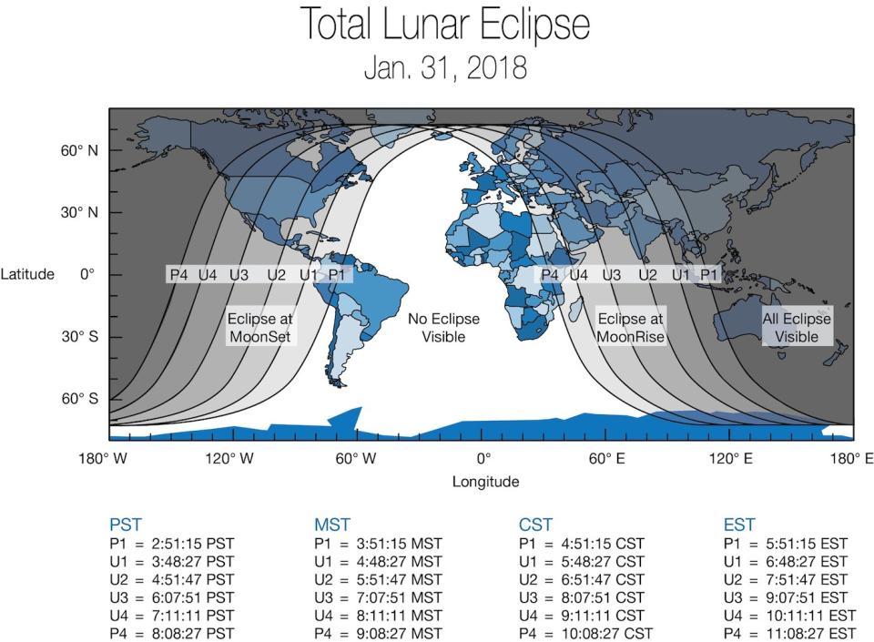 This global map shows the areas of visibility (weather permitting) for the "super blue blood moon" eclipse of Jan. 31, 2018. <cite>NASA</cite>