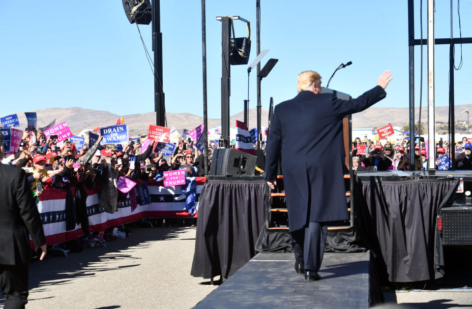 US President Donald Trump arrives for a ‘Make America Great Again’ rally at Elko Regional Airport in Elko, Nevada, October 20, 2018. (NICHOLAS KAMM/AFP/Getty Images)