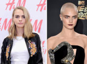 <p><strong>When:</strong> May 1<br>Cara chopped her hair, went platinum blonde, then shaved it all off to play a cancer patient in an upcoming film.<br><i>[Photo: Getty]</i> </p>