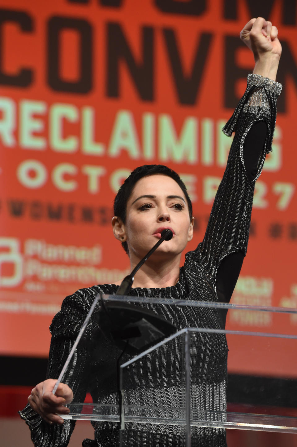 Actress Rose McGowan speaks on stage at the Women’s Convention at Cobo Center on Oct. 27, 2017, in Detroit. (Photo by Aaron Thornton/Getty Images)