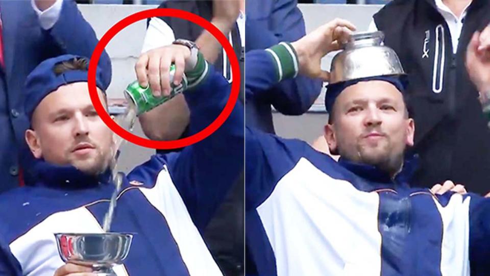 Dylan Alcott (pictured left) pouring a beer into his US Open trophy and (pictured right) celebrating after chugging the beer.