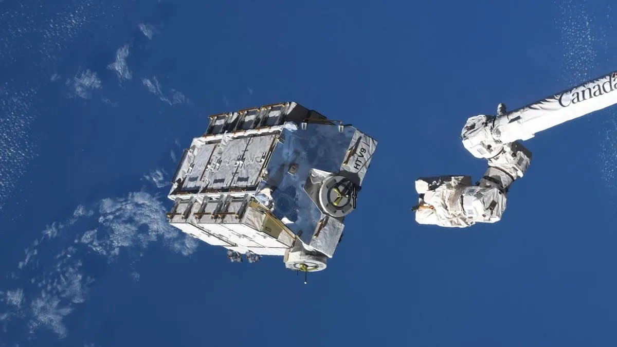  A pallet of silvery batteries is seen in space against the blue ocean of Earth, with a white robotic arm to its right. 