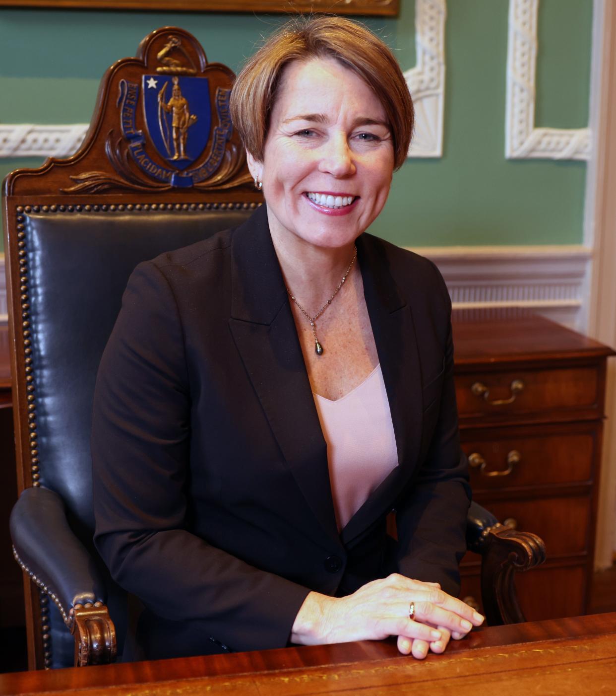 Mass. Gov. Maura Healey in her corner office at the Statehouse in Boston.