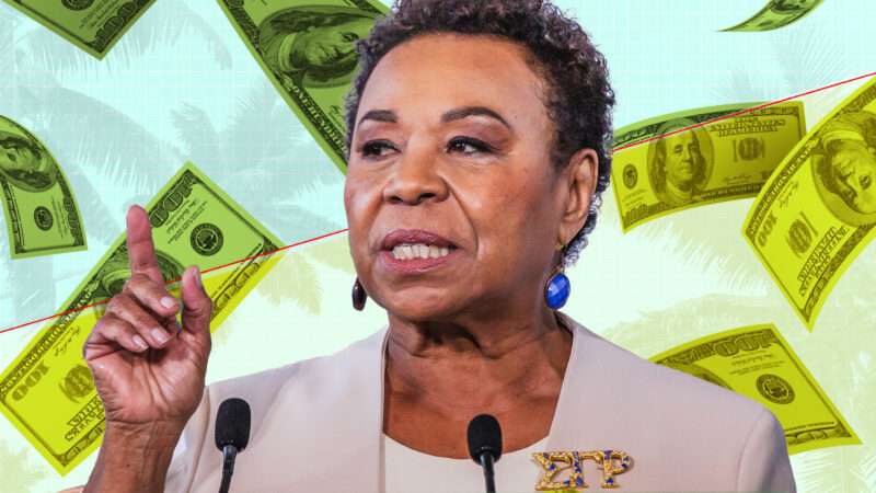 Rep. Barbara Lee (D–Calif.) against a backdrop of money raining down.