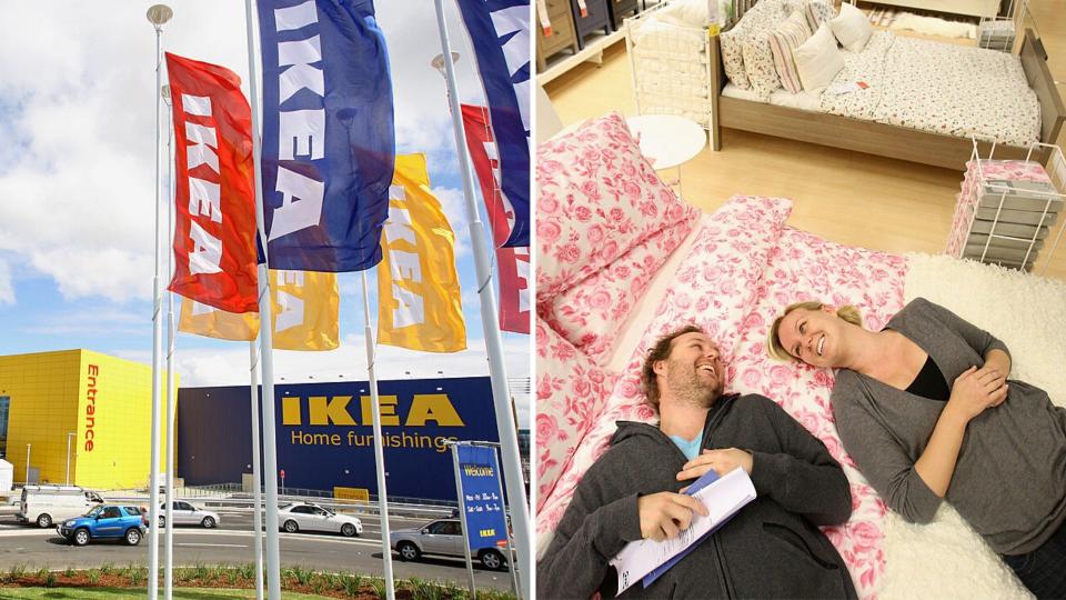 Ikea Tempe store in Sydney on the left and a couple laying on a display bed in Ikea on the right.