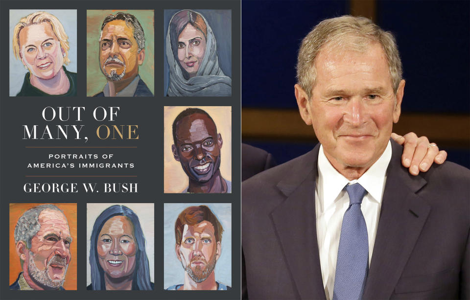 This combination photo shows the cover image for "Out of Many, One: Portraits of America's Immigrants" by George W. Bush, left, and a photo of former President George W. Bush. Crown announced Thursday that the book will be published March 2. It includes 43 portraits by the 43rd president, four-color paintings of immigrants he has come to know over the years, along with biographical essays he wrote about each of them. (Crown via AP, Left, and AP)