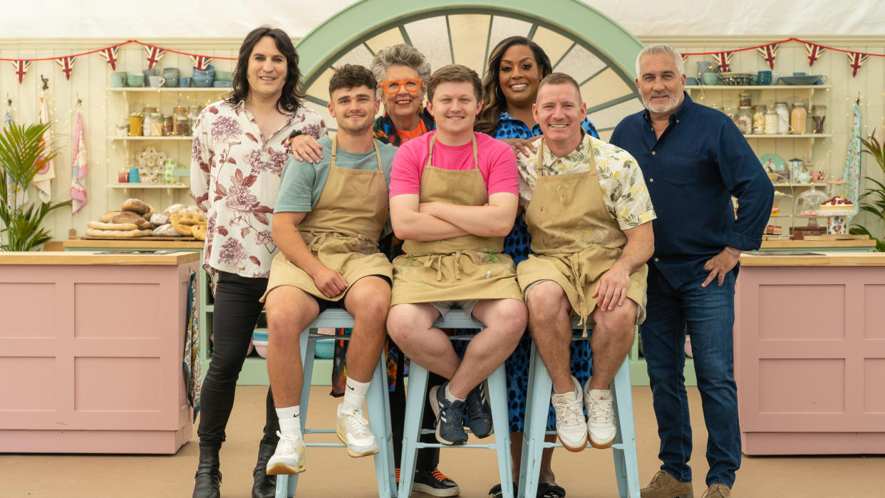 Paul, Prue, Alison and Noel with finalists, Matty, Josh and Dan - The Great British Bake Off 2023 final. (Channel 4)