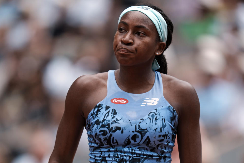 FILE - Coco Gauff of the United States, reacts after missing a shot against Poland's Iga Swiatek during the final match at the French Open tennis tournament in Roland Garros stadium in Paris, France, on June 4, 2022. Gauff expressed her disappointment in the Supreme Court's decision to overturn the abortion rights provisions of Roe v. Wade. (AP Photo/Thibault Camus, File)