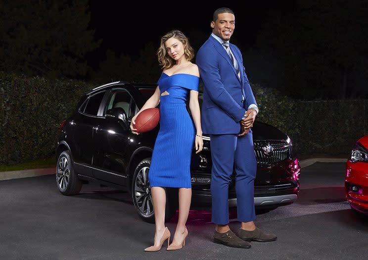 Miranda Kerr and Cam Newton teamed up for Buick's Super Bowl ad, featuring the Encore SUV and Cascada convertible.