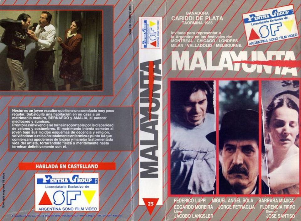 Carátula del VHS de <em>Malayunta</em>, ópera prima de José Santiso. <a href="https://www.rarovhs.com/malayunta-cine-naciona/" rel="nofollow noopener" target="_blank" data-ylk="slk:Raro VHS" class="link ">Raro VHS</a>