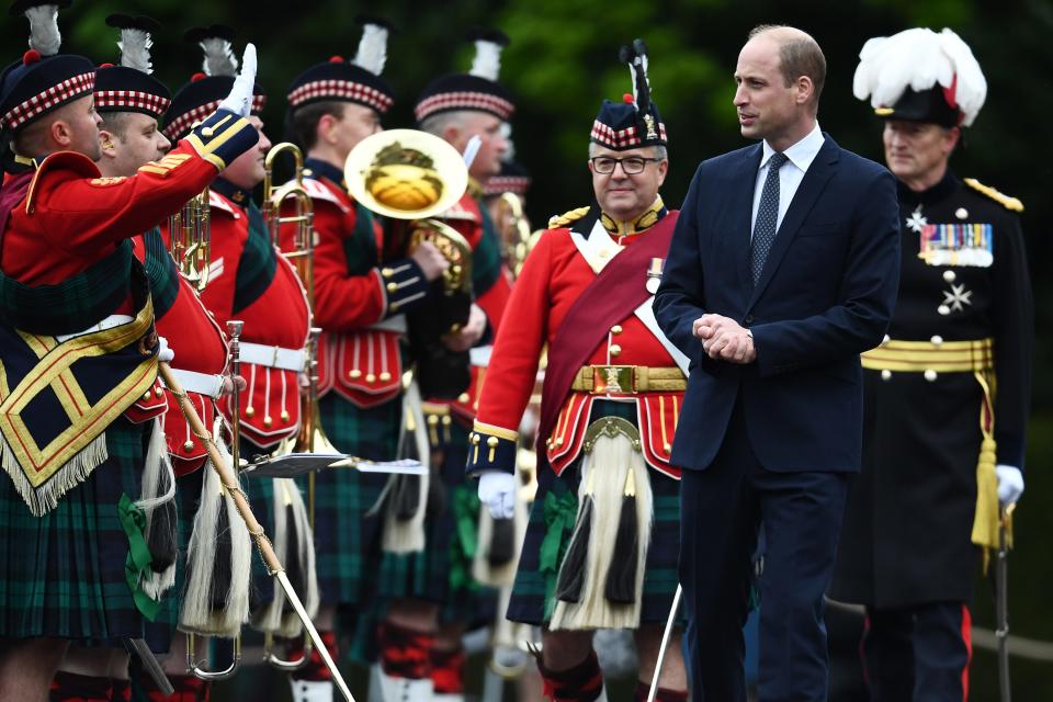 Prince William inspects the Guard of Honor on the forecourt of the Palace of Holyroodhouse, and was formally welcomed as Lord High Commissioner in the Ceremony of the Keys on May 21, 2021 in Edinburgh, Scotland.