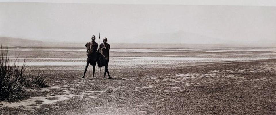 The virtually dried-up Lake Naivasha in the mid-1890s. Maasai pastoralists such as this duo could drive their cattle straight across the ‘lake’ at the time. Source: Nigel Pavitt, 2008: Kenya: A Country in the Making, 1880-1940.