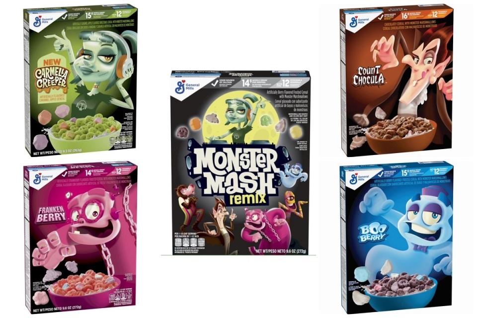 General Mills' five Monster Cereal offerings for 2023: Count Chocula, Franken Berry, Boo Berry, and the new Carmella Creeper and Monster Mash Remix.