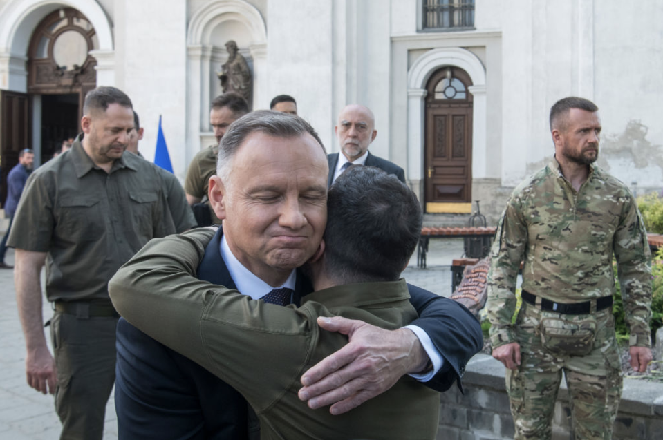 President Volodymyr Zelensky and Polish President Andrzej Duda after commemorating the victims of the Volyn Massacre in Lutsk, Ukraine, on July 9, 2023 (Photo by Maxym Marusenko/NurPhoto via Getty Images)