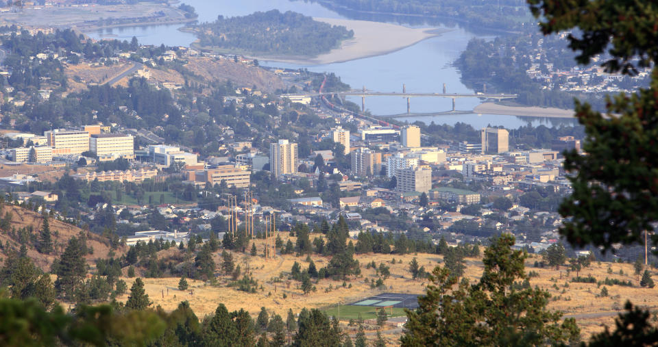 High angle view of downtown Kamloops.  Early August monring.