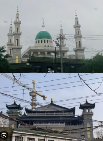 有網友指出，中國已經不是第一次強制改建清真寺外觀，雲南的永平清真寺就在2021年遭到改建，變成中國式建築。   圖: 翻攝自推特@WEIMAR63553294
