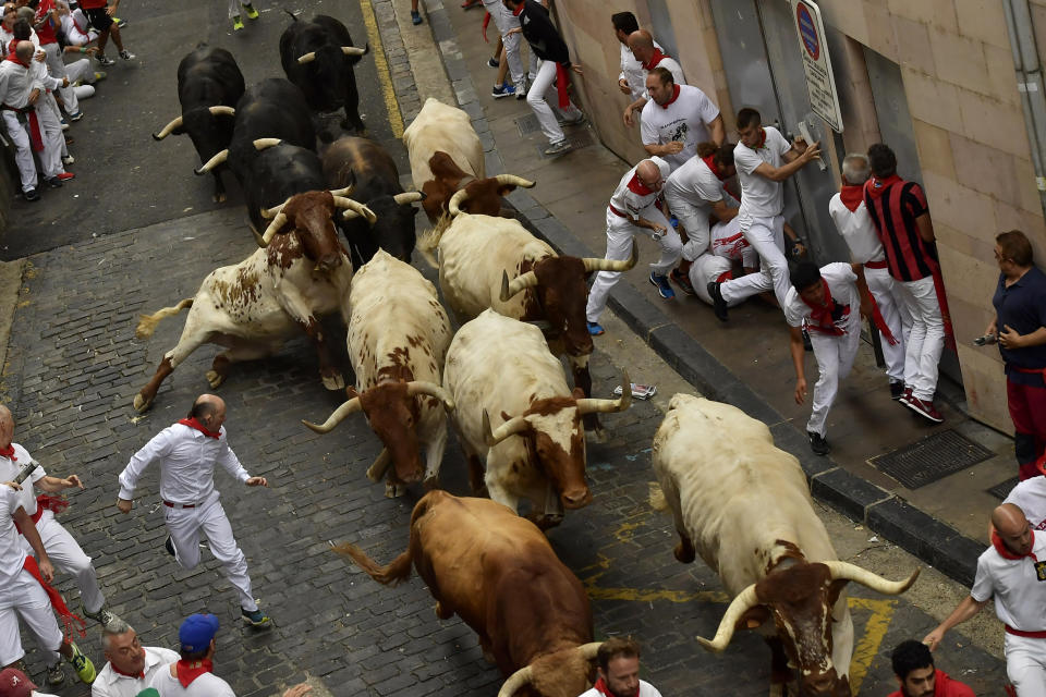 Revellers run next to fighting bulls during the running of the bulls at the San Fermin Festival, in Pamplona, northern Spain, Sunday, July 7, 2019. Revellers from around the world flock to Pamplona every year to take part in the eight days of the running of the bulls. (AP Photo/Alvaro Barrientos)