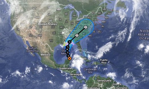El pronóstico de la trayectoria de la tormenta tropical Karen para los próximos días. (NOAA)