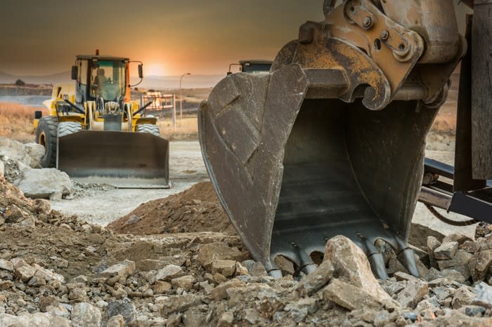 A bulldozer and an excavator on a construction site