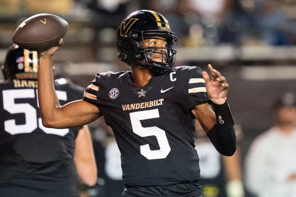 Vanderbilt quarterback Mike Wright (5) throws a pass against Elon during the third quarter at FirstBank Stadium Saturday, Sept. 3, 2022, in Nashville, Tenn. 