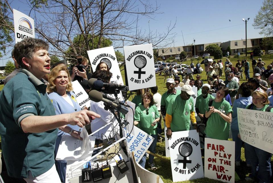 FILE - Martha Burk, chairwoman of the National Council of Women's Organizations, addresses a rally in Augusta, Ga., Saturday, April 12, 2003. Burk led a protest against Augusta National Golf Club's all-male membership. Twenty years later, she believes the home of the Masters waited until 2012 to invite women to join so she couldn't get credit for the change. (AP Photo/Roberto Borea, File)