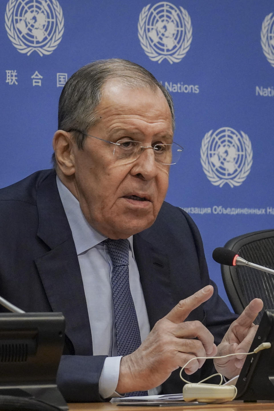 Russia's Foreign Minister Sergey Lavrov speaks during a press conference at the United Nations, Tuesday April 25, 2023, at U.N. headquarters. (AP Photo/Bebeto Matthews)