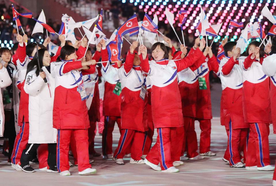 <p>Pyeongchang 2018 Winter Olympics – Closing ceremony – Pyeongchang Olympic Stadium – Pyeongchang, South Korea – February 25, 2018 – The delegation of the unified Korea team during the closing ceremony. REUTERS/Lucy Nicholson </p>