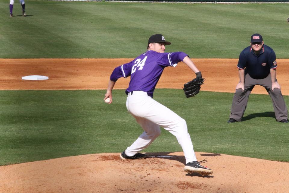 Lipscomb Academy pitcher Miller Green (24) strides off the mound during a pitch in the second inning against Montgomery Bell Academy during their high school baseball game Tuesday, March 28, 2023 in Nashville, Tennessee.