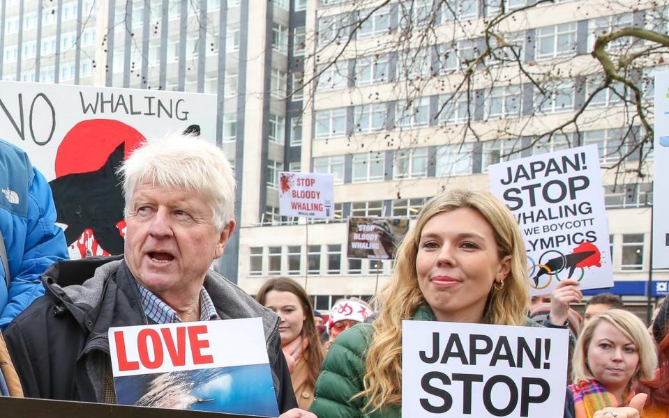 Boris Johnson's fiancee, Carrie Symonds, and his father, Stanley Johnson at an anti-whaling protest in 2019 - Dinendra Haria//SOPA Images/LightRocket via Getty Images