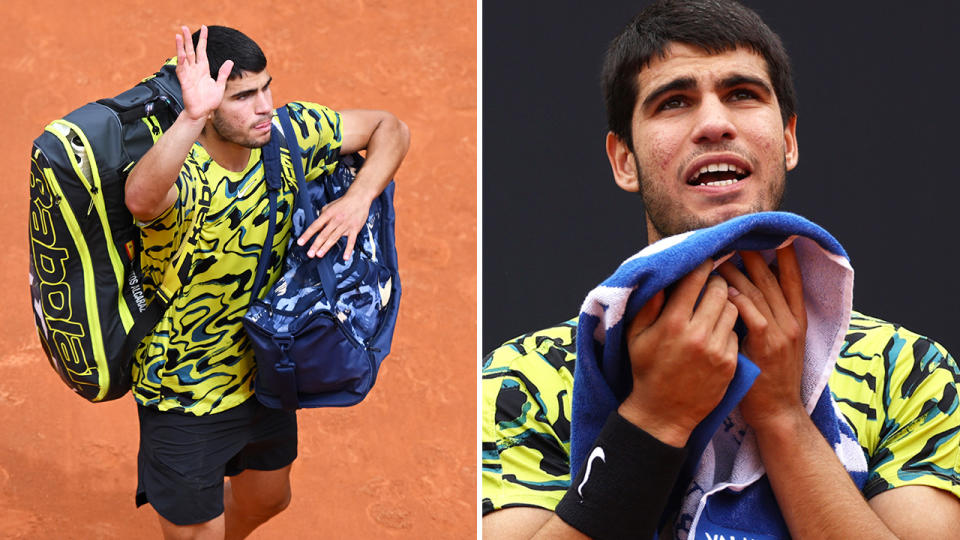 Carlos Alcaraz waves to the crowd and Alcaraz gets angry during a tennis match.