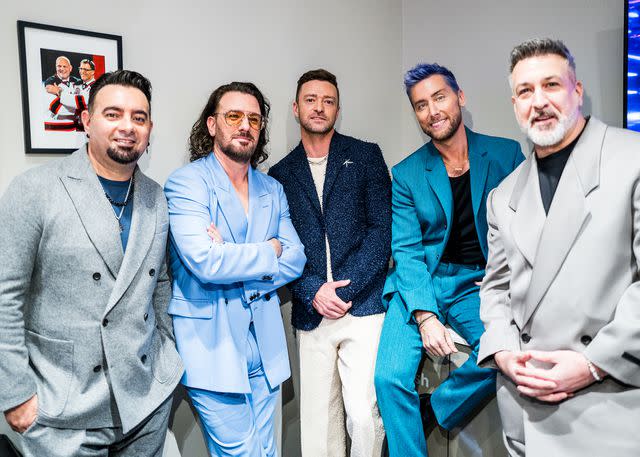 <p>John Shearer/Getty Images for MTV</p> Chris Kirkpatrick, JC Chasez, Justin Timberlake, Lance Bass and Joey Fatone of *NSYNC seen backstage during the 2023 Video Music Awards in New Jersey in September 2023