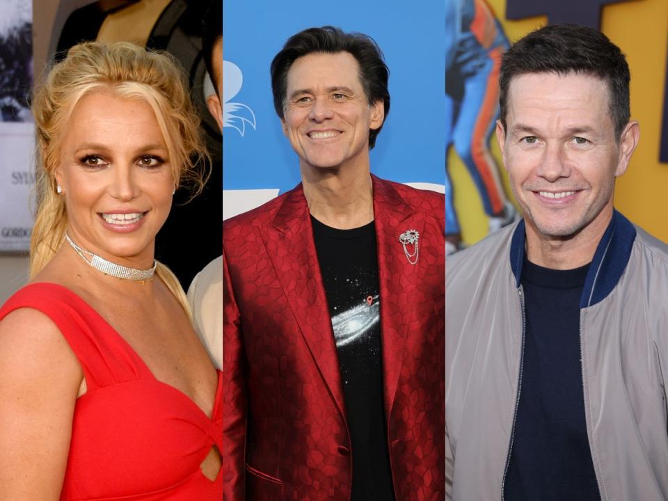 From left to right: Britney Spears, Jim Carrey, Mark Wahlberg are among Hollywood stars who are selling or have sold their homes in Los Angeles (Getty)