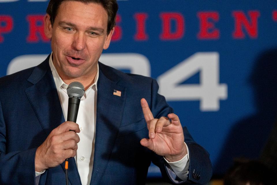 Florida Governor Ron Desantis speaks at a town hall meeting at Cara Irish Pub & Restaurant in Dover, NH, ahead of the New Hampshire presidential primary on Jan. 19, 2024.