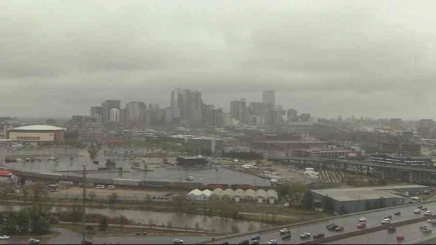 Clouds lingered above the Denver skyline throughout the day on April 27, 2024.