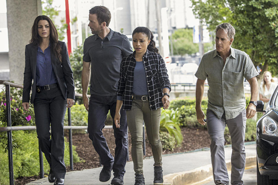 Vanessa Ferlito as FBI Special Agent Tammy Gregorio, Lucas Black as Special Agent Christopher LaSalle, Shalita Grant as Sonja Percy, and Scott Bakula as Special Agent Dwayne Pride in "NCIS: New Orleans"<p>Skip Bolen/CBS</p>