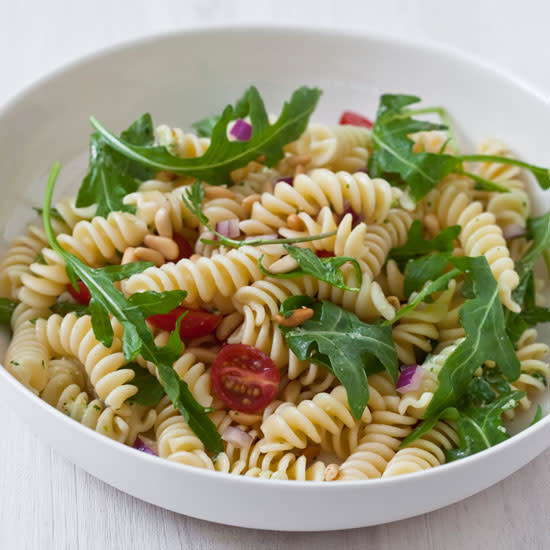 Pasta Salad with Tomatoes, Arugula, Pine Nuts and Herb Dressing